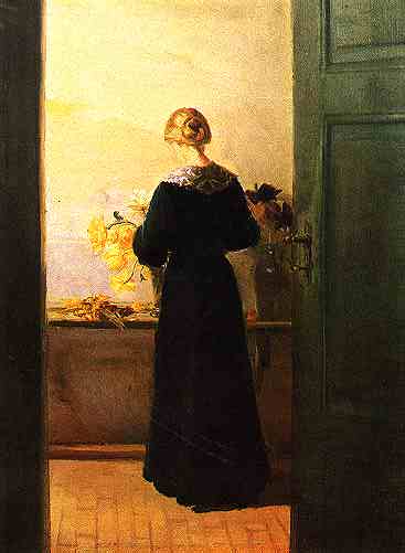 "Young Girl Arranging Flowers", c. 1885, oil on canvas by Anna Ancher (1859-1935).