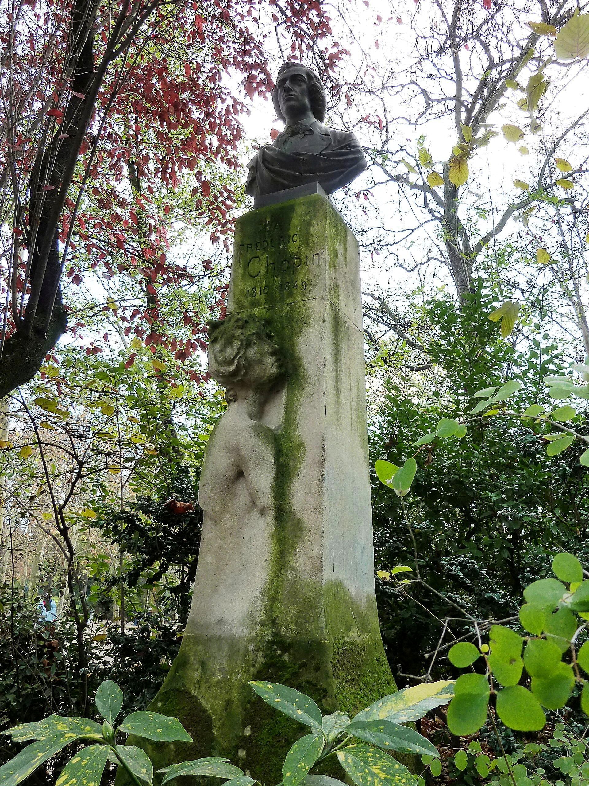 Statue of Chopin adorned by a woman resembling Jenny Lind.  Jardin du Luxembourg, Paris.