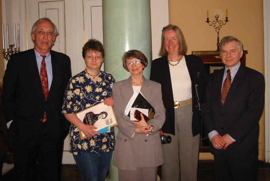 Cecilia and Jens Jorgensen meeting with The Frederick Chopin Society in Warsaw on 12 May 2003.  Mrs Hanna Wroblewska-Straus stands in the middle, Mr Albert Grudzinski, Director-General of the Society to the right.  Mrs Anna Ryszka-Komarnicka holds a printed draft trial edition of the new biography.