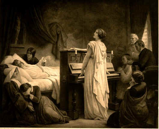 Delfina Potocka / the artificial bird singing and playing for Chopin / the emperor, who "lay cold and pale in his splendid bed".