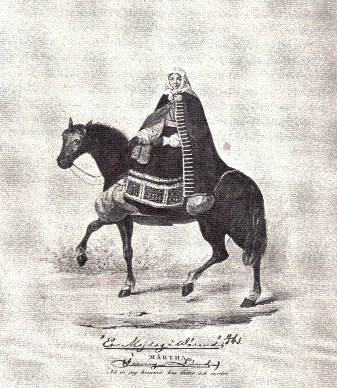 Jenny Lind, riding into the stage of the Royal Theatre at Stockholm in the play "En majdag i V�rend" celebrating in 1843 the 25-year reign of the aging Karl XIV Johan (formerly Jean Bernadotte).